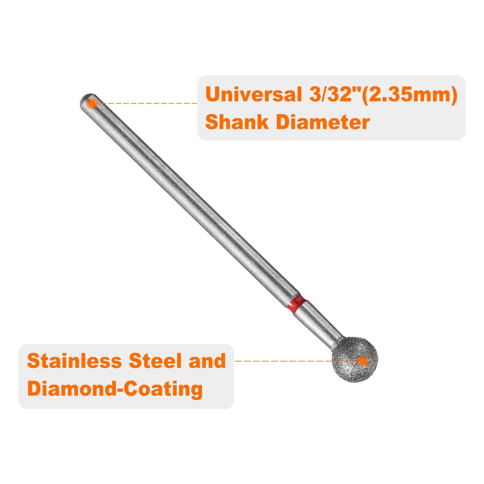 HARFINGTON 12 brocas de diamante de grano 200-230 de 5 mm, cabeza de bola de 2,35 mm, vástago de 5 mm de longitud, herramienta giratoria para molienda de vidrio de cerámica, pulido