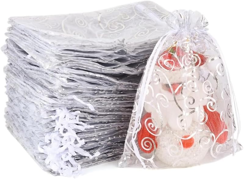 MAOOY 100 db Arany Organza Ajándéktasak 17x23 cm - Ékszertasak Húzózsinórral Esküvőre, Születésnapra - Újrahasználható Díszzacskó Mintával
