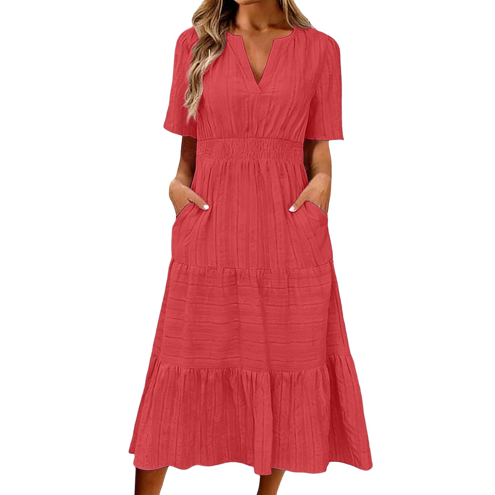 Generisch Elegantes Sommerkleid in großen Größen mit Rüschenausschnitt, Puffärmeln ausgestellten kurzen Ärmeln (RD1, XL)
