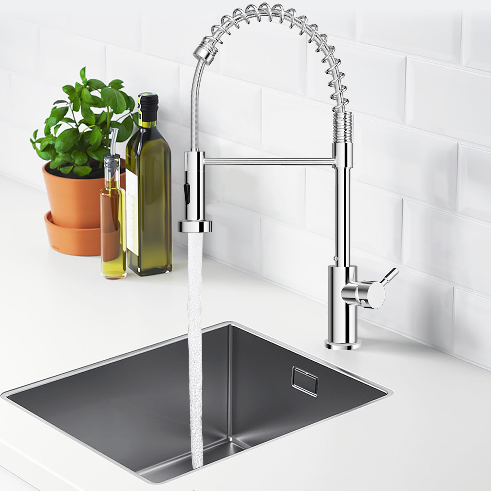 Robinet Cuisine, Mitigeur Évier à Arc Élevé avec Douchette Extensible 360° Pivotant, Mitigeur Cuisine avec 2 Types de Jet, Robinet D'évier en Acier Inoxydable, Installation Facile, Chromage