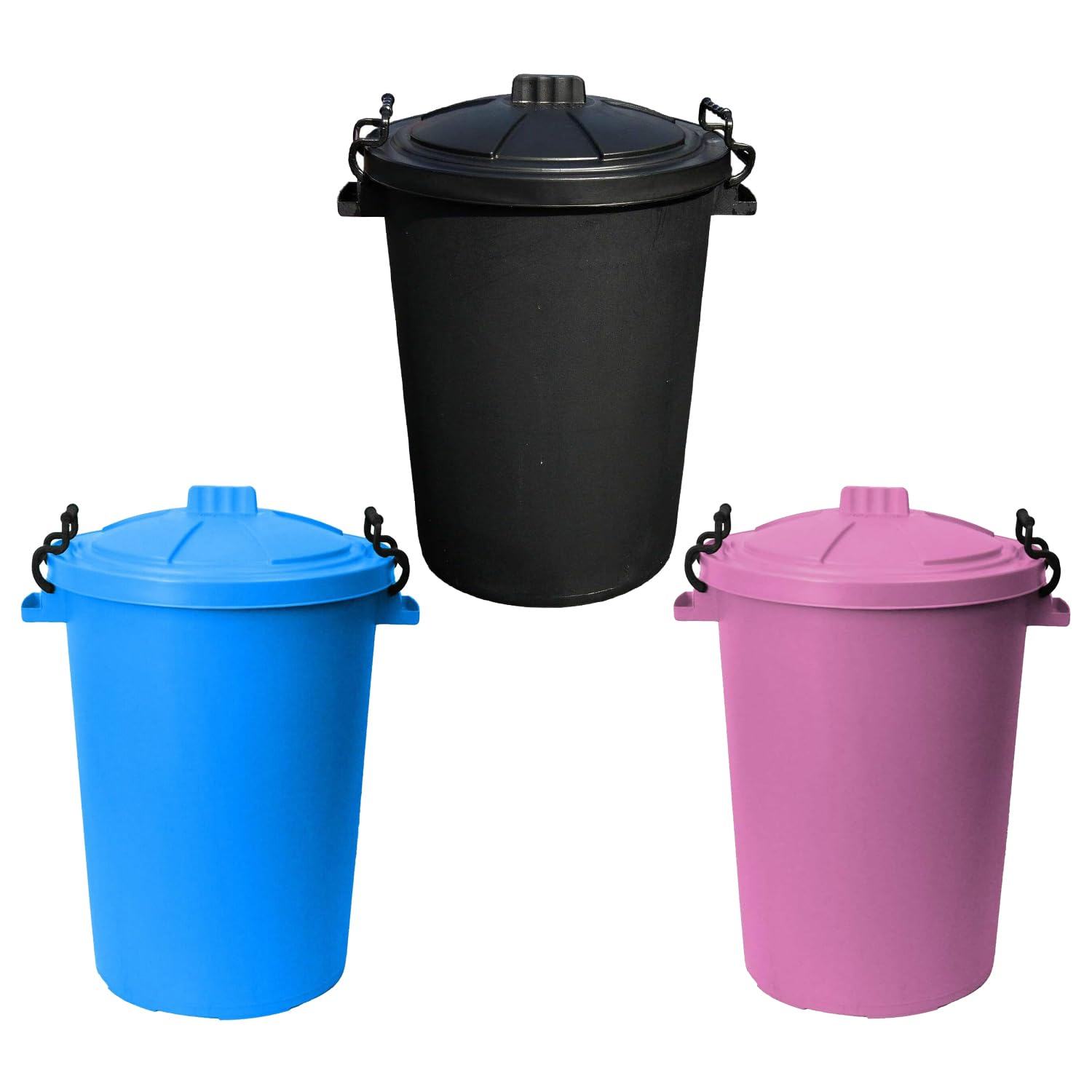 TENLITE Set of 3 - Heavy Duty Plastic Clip Lock Lid Bin Indoor or Outdoor Rubbish, Trash Can, Dustbin Waste or Storage of Animal Feed, Colourful Bins - Made in U.K. (Black, Sky Blue & Pink) โ image 1