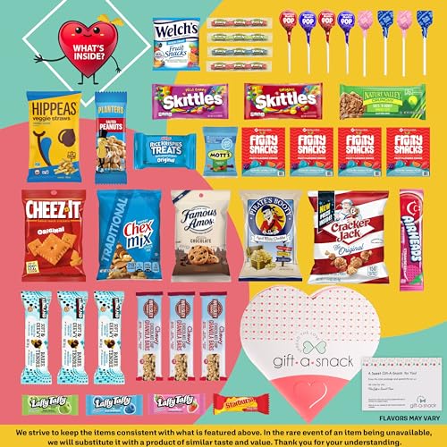Image of Gift A Snack - Valentines Day Heart Shape Snack Box Variety Pack Care Package + Greeting Card (40 Count) Birthday Sweet Treats Gift Basket, Candies Chips - Office Food Assortments