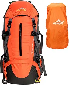 JOYFOX Mochila de Camping 65+5L/45+5L Impermeável Unissex para Viagem, Trilhas e Acampamentos – Cor Laranja