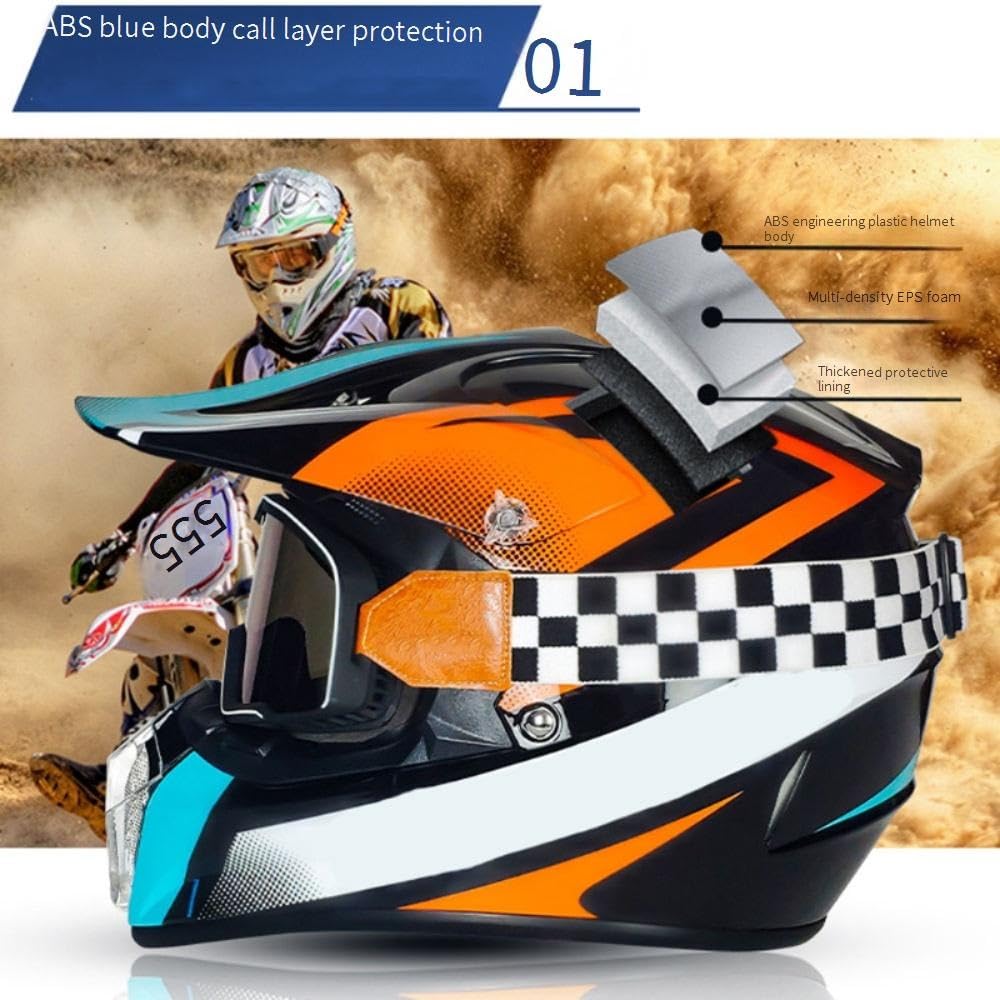 Jeunesse Enfant Hors Route Moto Casque, avec Gants Lunettes Masque, MTB VTT BMX Une Descente Quad Moto Cross Accident Casque Unisexe, Approuvé par Le Dot