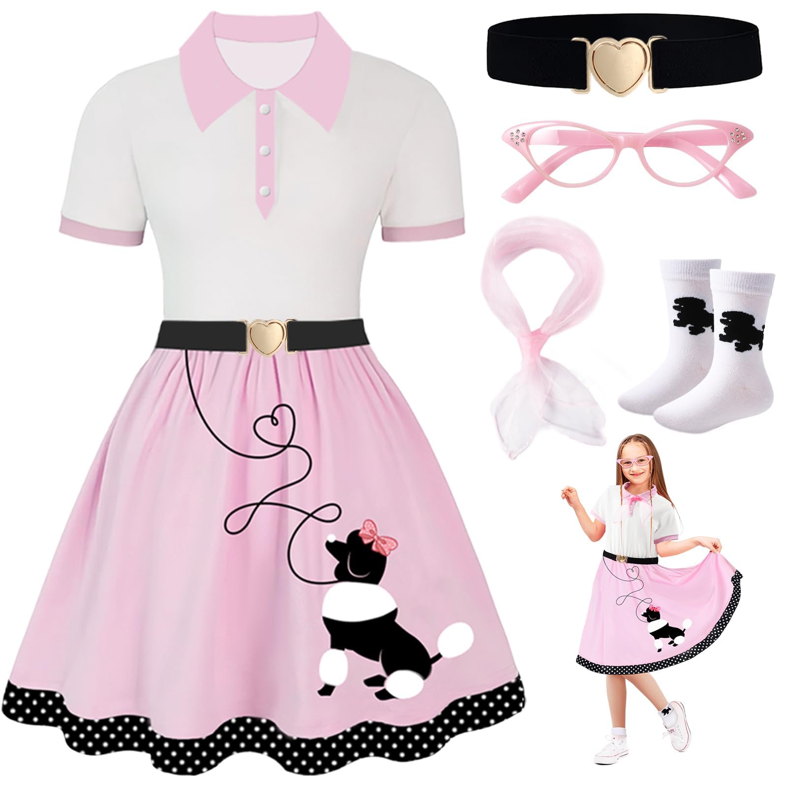 PARTTELY Poodle Skirt, 50s Outfit for Girls, 5PC 1950's Sock Hop Costume with Glasses,Waistband,Scarf and Sock for Halloween
