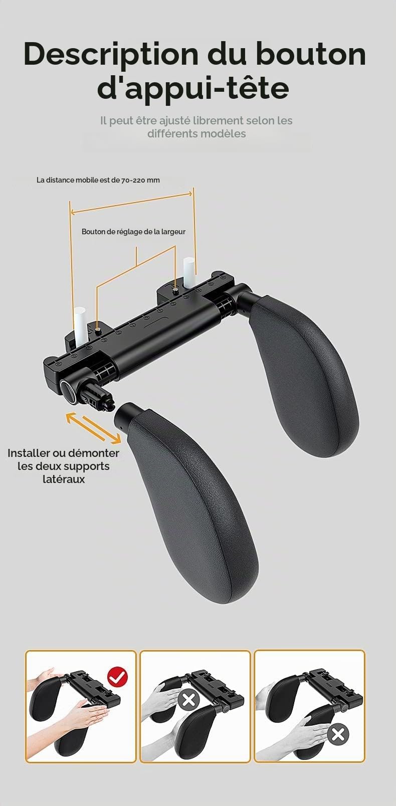 Appuie-tête auto pour enfants et adultes, coussinets latéraux réglables à 180°, éponge de mémoire tête et support de cou (Noir)