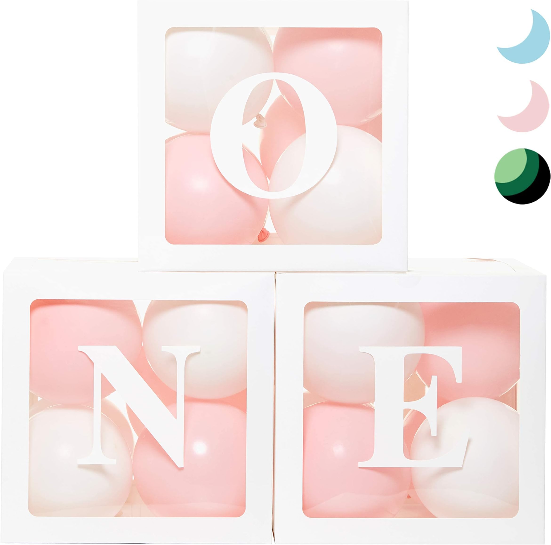 Baby Girl First Birthday Balloon Boxes with 24 Balloons - Baby Girl 1st Birthday Decoration - Clear Cube Blocks "ONE" as Cake Topper for Sitting
