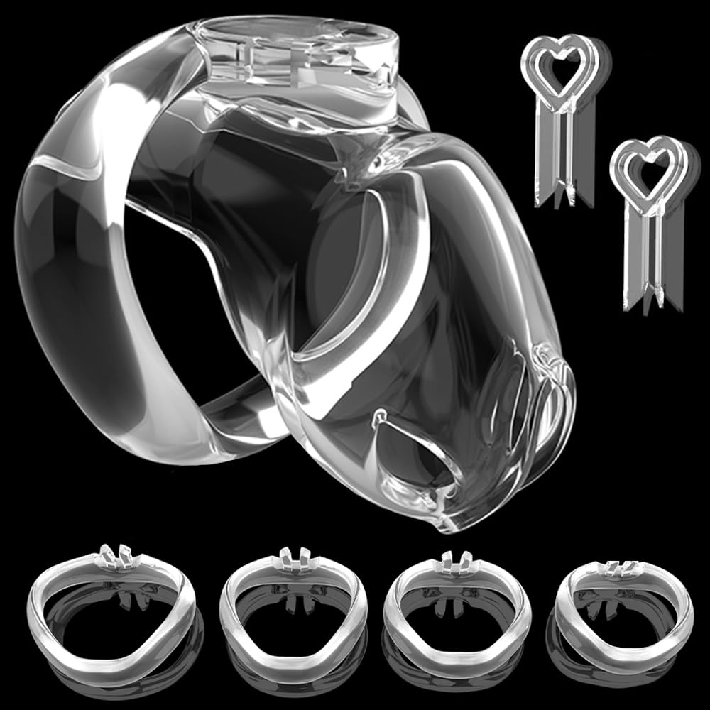 Male Metal-Free Small Sissy Chastity Cage with 2 Keys & 4 Different Rings, Mini Chastity Devices Cock Penis Cage Bondage Gear Lightweight Breathable Adults SM Sex Toys for Men (Transparent)