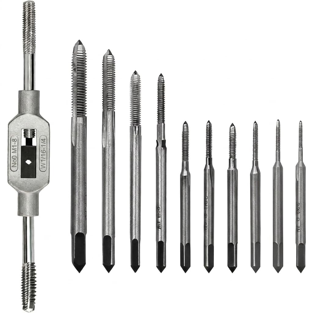 11PCS Mini Metric Thread Tap Set, with Adjustable Tap Wrench 1/16-1/4", High-Speed Steel Hand Screw Thread Tap Holder Set, M1, M1.2, M1.4, M1.6, M1.7, M1.8, M2, M2.5, M3, M3.5