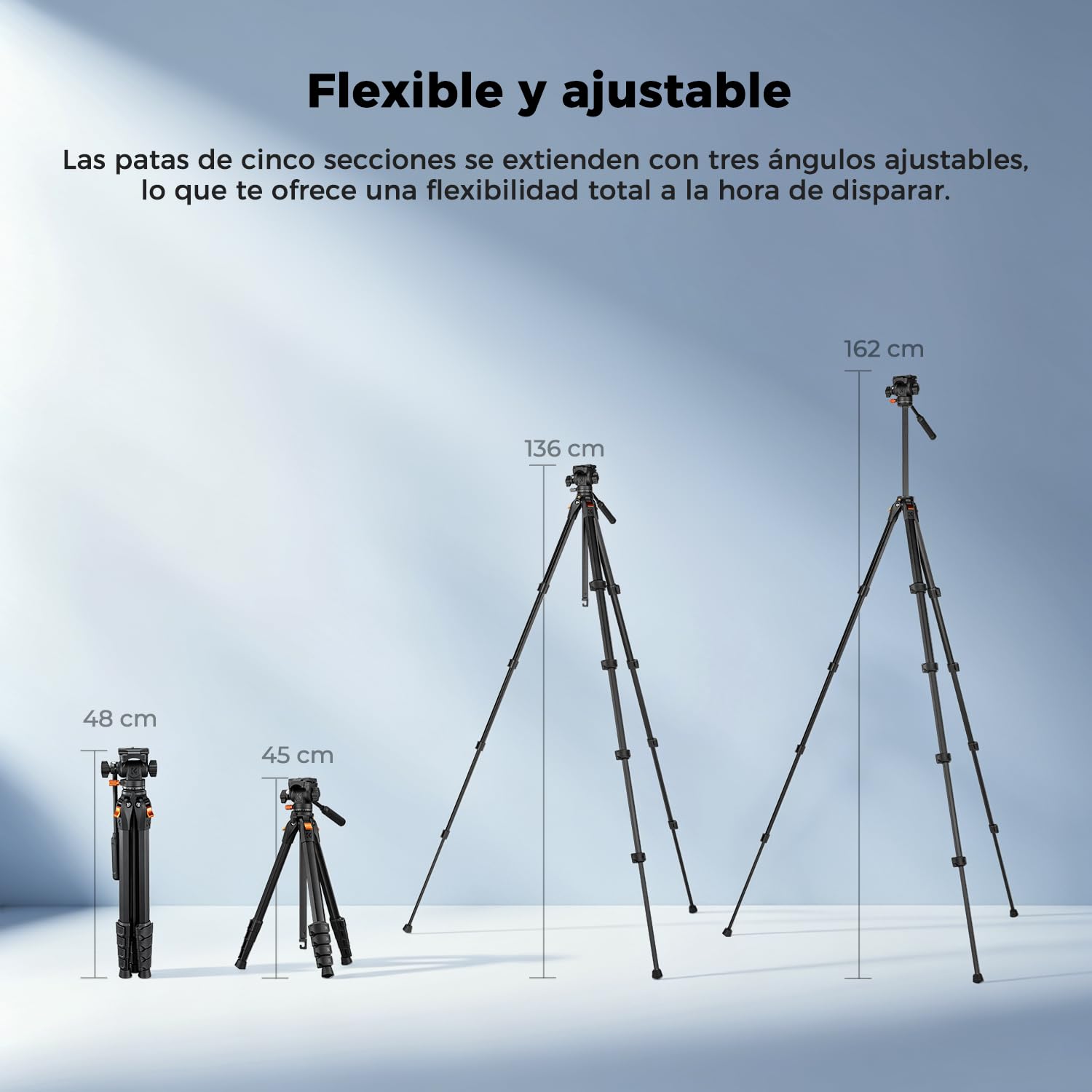 K&F Concept Trípode para Cámara 162cm | Cabezal Fluido, Trípode de Viaje de Aluminio para Vídeo, Movimiento Suave de Panorámica e Inclinación, Carga Máxima de 3kg