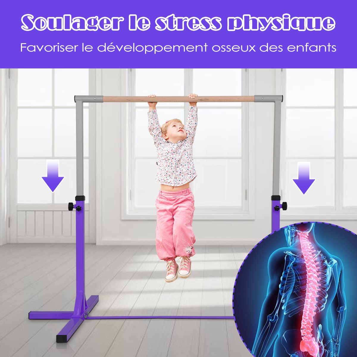 GOPLUS Barre d'Entraînement de Gymnastique en Acier, Largeur/Hauteur Réglables, Charge 100-120kg, Barre de Gymnastique pour Enfants de 6 à 12 Ans, Idéal pour Gym, Maison