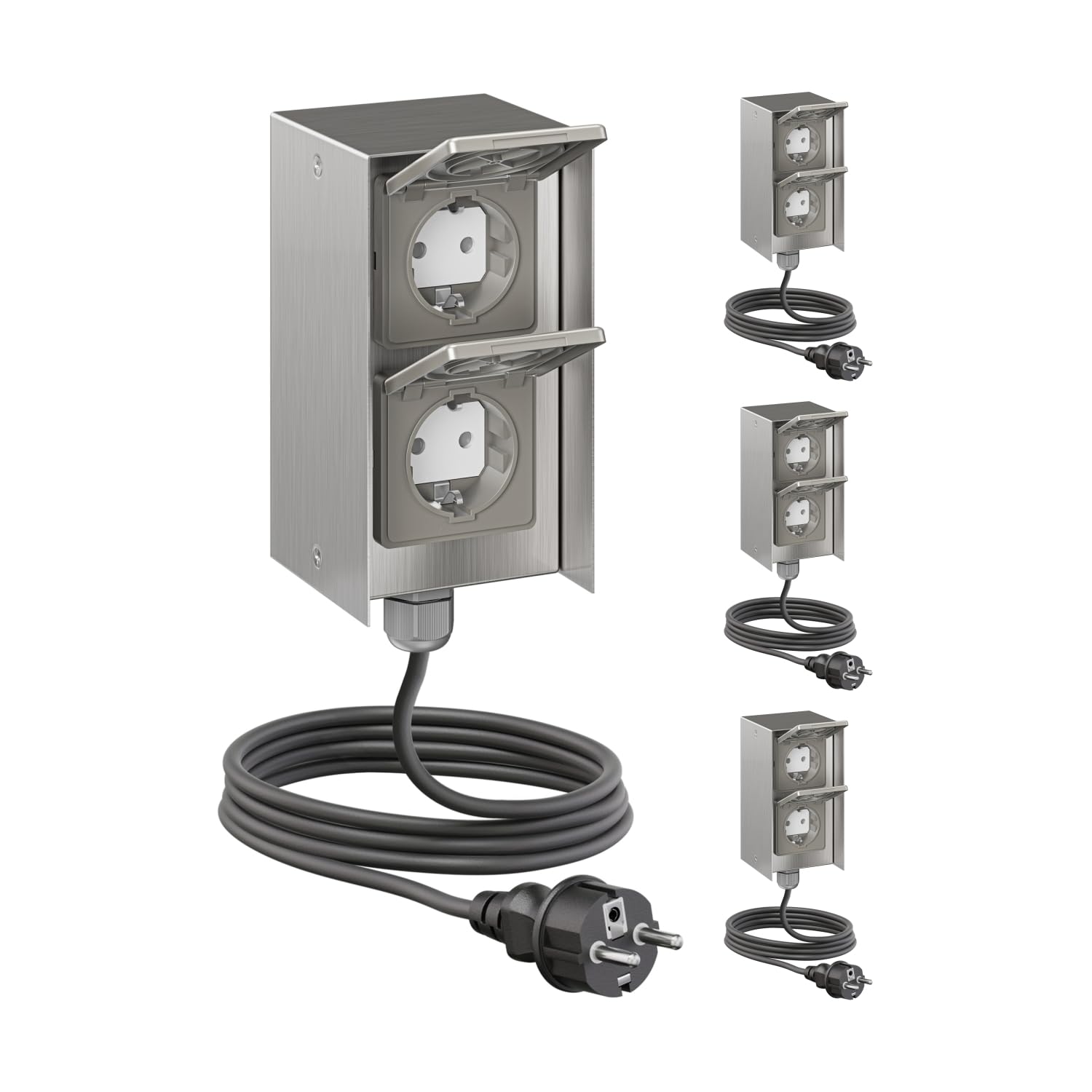 ledscom.de 4x Außensteckdose 2-fach STEDDA und 2m Kabel, IP44, Edelstahl edelstahl senkrecht, Steckdosen für Garten, Terrasse und Außenbereich