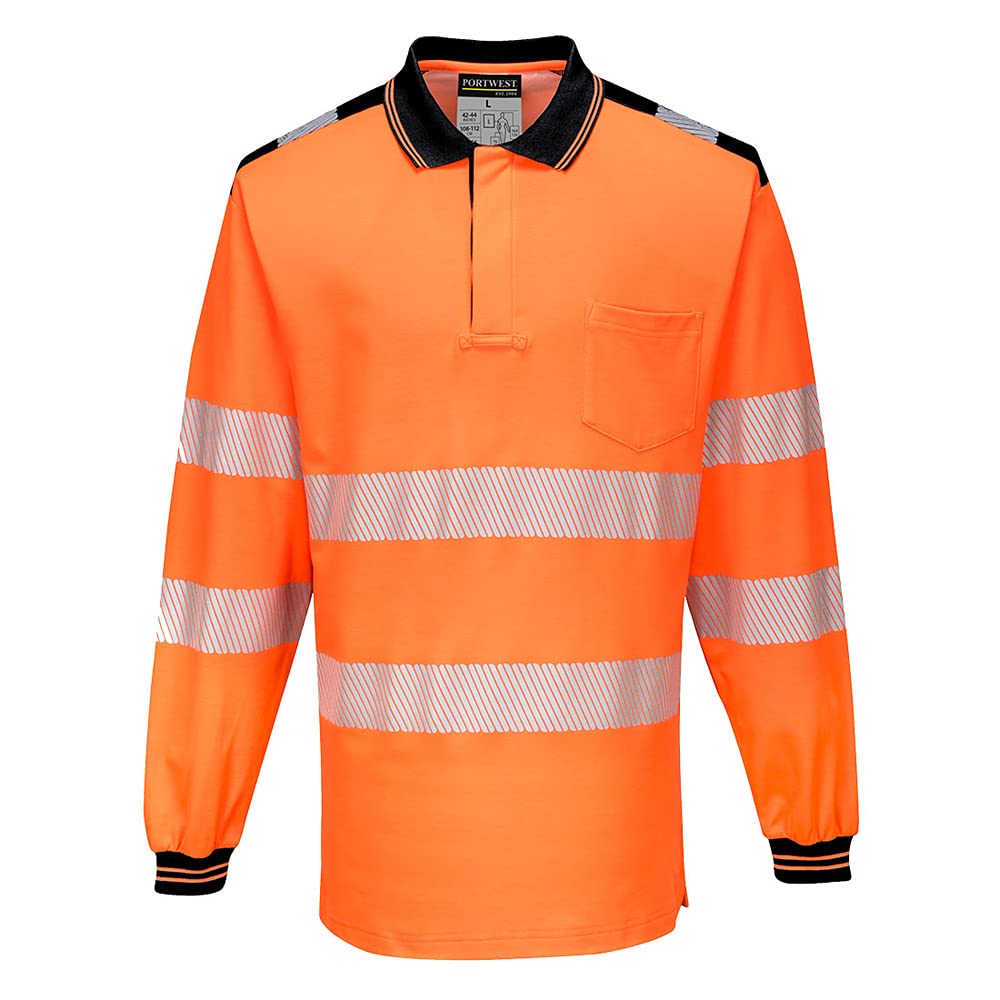 Portwest PW3 Hi Vis Cotton Comfort Polo Shirt L/S 5XL Orange/Blk