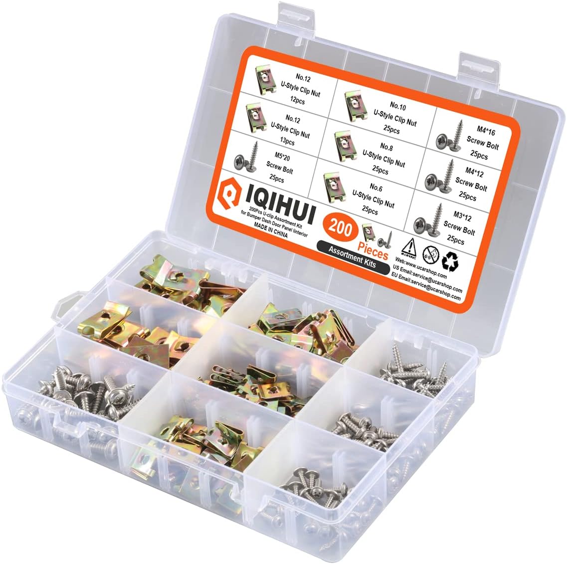 200Pcs U-Clip and Screw Assortment Kit 4 Sizes Auto Car Clips Fasteners with Screws Set for Bumper Dash Door Panel Interior