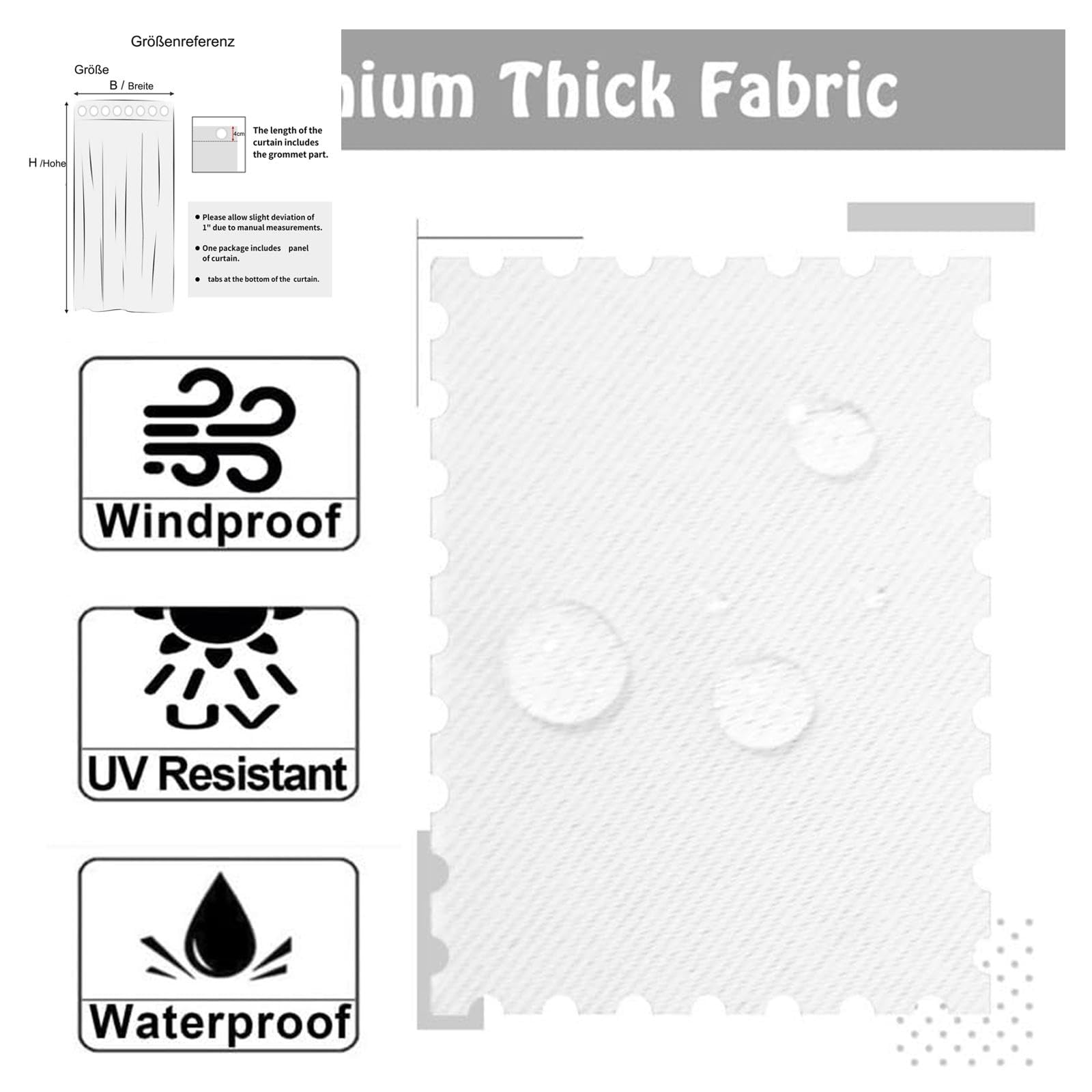 Bianco Tende da Esterno Impermeabile Tende per Esterno con Anelli Oscurante Tenda Idrorepellente per Esterni per per Gazebo Balconi Giardino Cortile Terrazzo Veranda,142L × 120A cm (1 Pannelli)