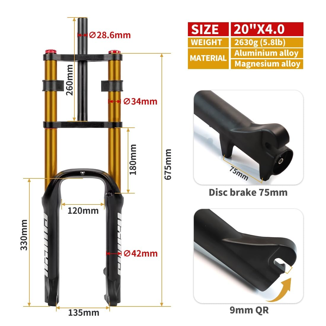 Forcella MTB 20 ammortizza taescursione 180mm Bici da 4.0 Fat Suspension Dritta QR 9x135mm Freno a Disco Rimbalzo Regolabile Forcella Fat Air for Bici elettrica Neve Spiaggia