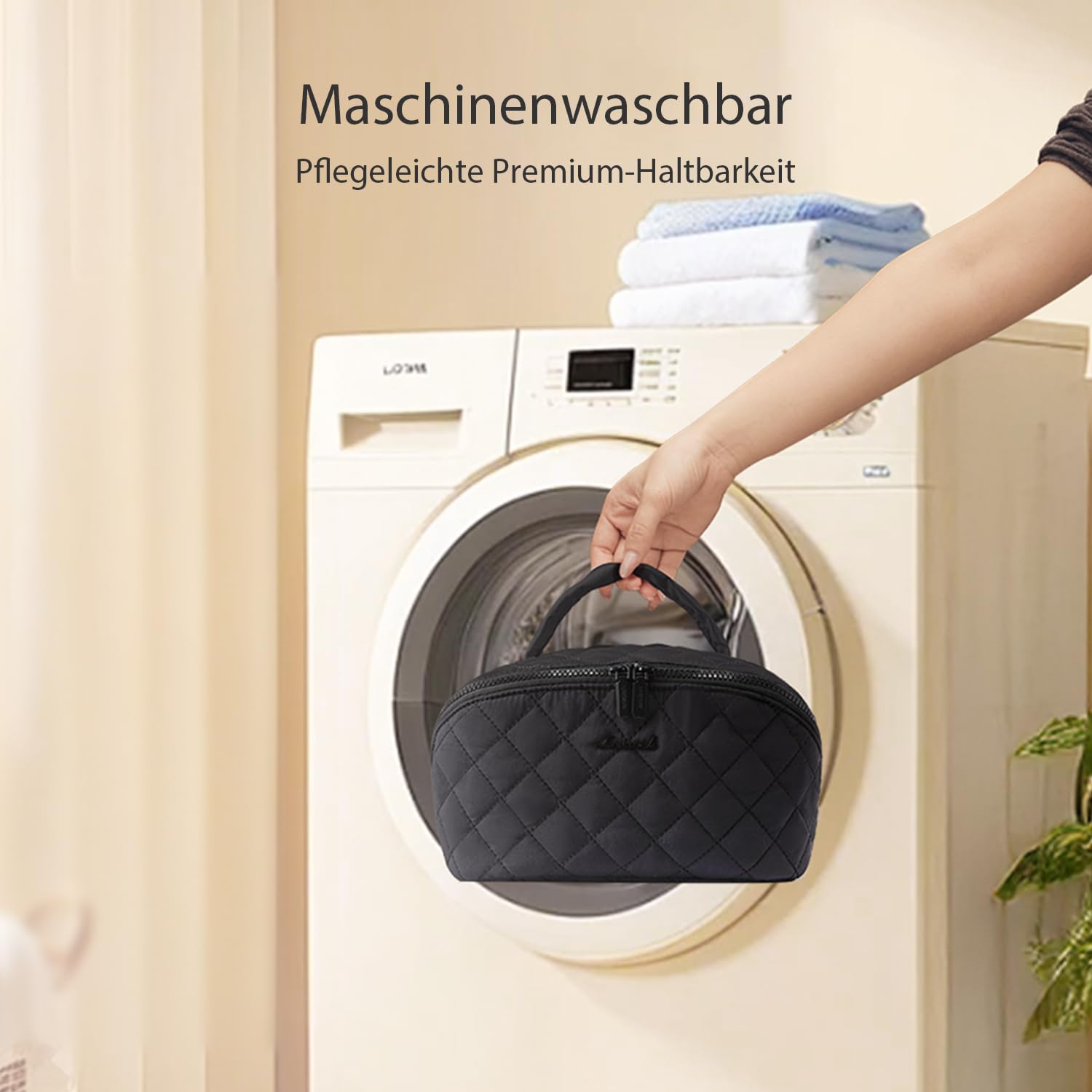 LOVEVOOK Kosmetiktasche Damen, Kulturtasche Organizer mit fächern, Wasserdichter Puffer Kulturbeutel, Schminktasche mit 180°-Flachdesign Groß, Wäschemaschinenfeste Make up Tasche für Reisen, Schwarz