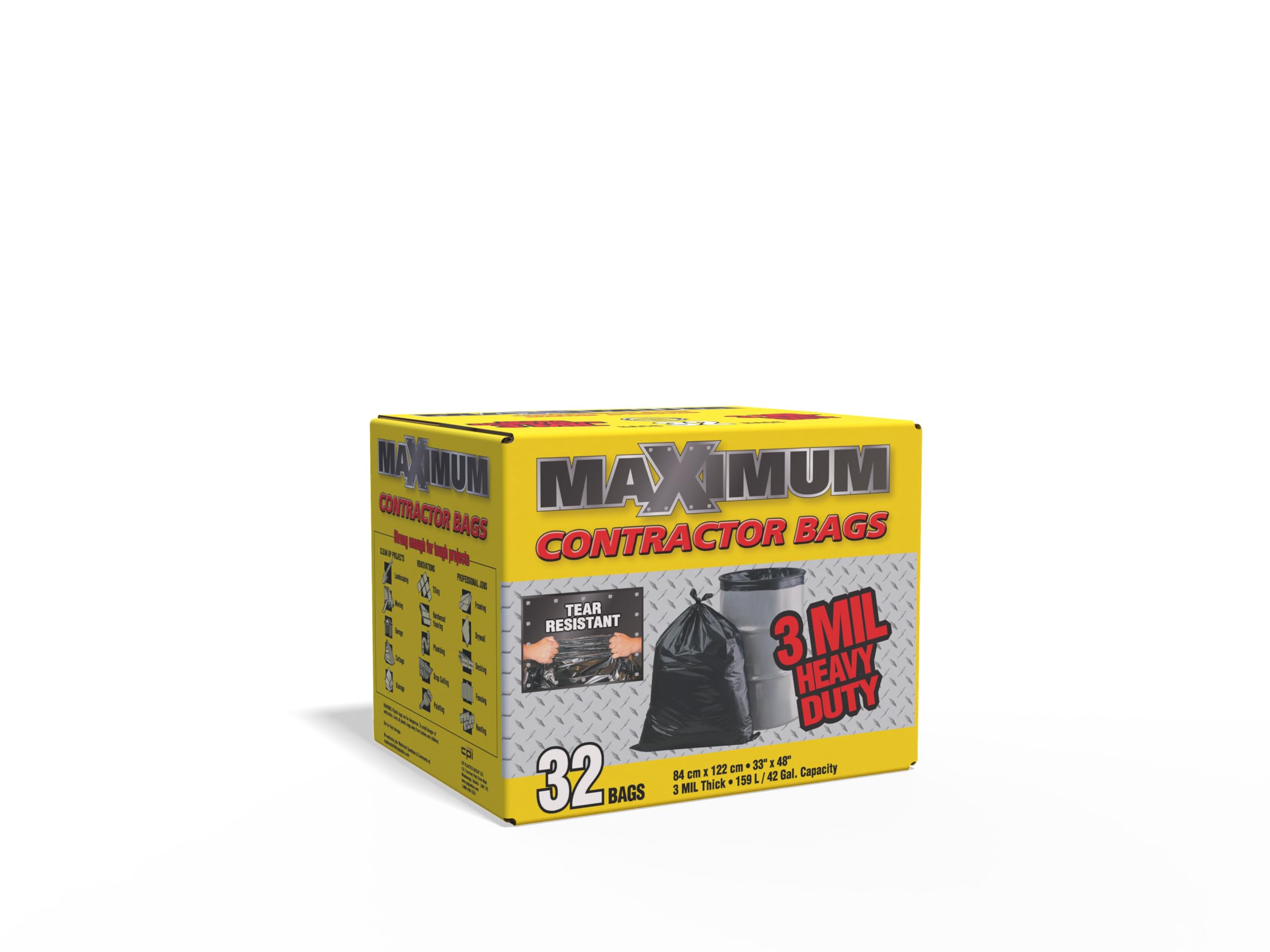 Maximum Contractor Garbage Bags – 3 mil Heavy Duty – 32 Count – Extra Large Black Trash Bags – Tear Resistant – Industrial Strength - Made in Canada