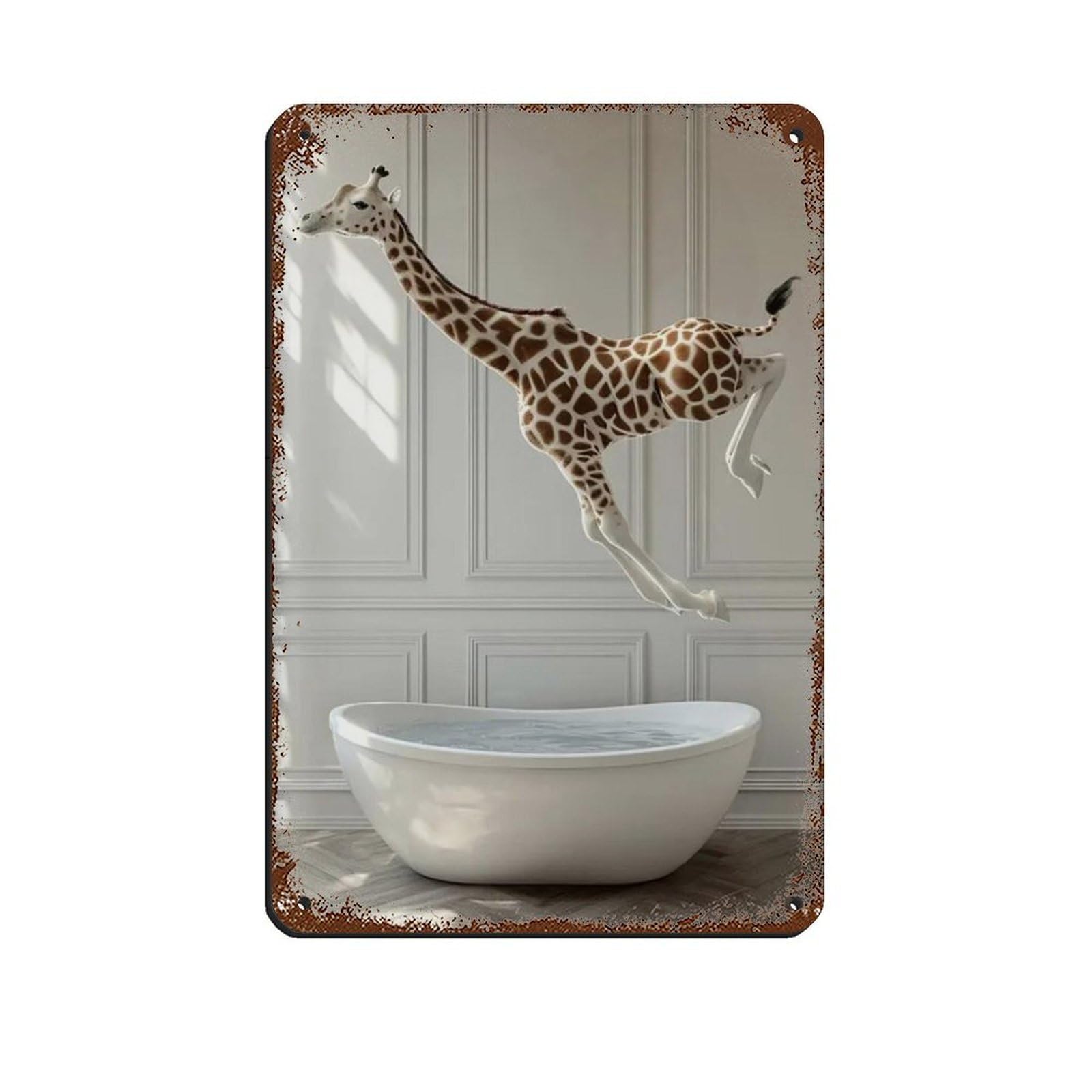 Giraffe Jumping Into Bathtub, Funny Bathroom Art Retro Poster Metal Tin Sign Chic Art Retro Iron Painting Bar People Cave Cafe Family Garage Poster Wall Decoration 8x12inch(20x30cm)