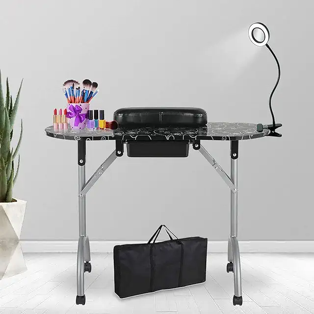 LEIBOU 36'' Portable Foldable Manicure Table with LED Light & Drawer
