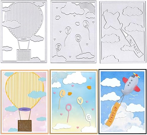 3PCS Background Metal Cutting Dies for Card Making, 3D Background Frame Die Cuts Sky Plane Rainbow Balloon Embossing Stencil Template Tools for DIY