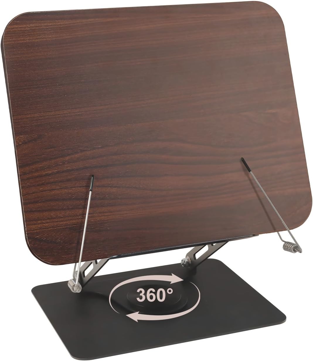 Book Stand for Reading, Height Adjustable, Foldable Wood Cookbook Holder, with 360° Swivel Base and 90° Swivel Page Clips, for Music Scores, Magazines, Book, Laptop, Wooden