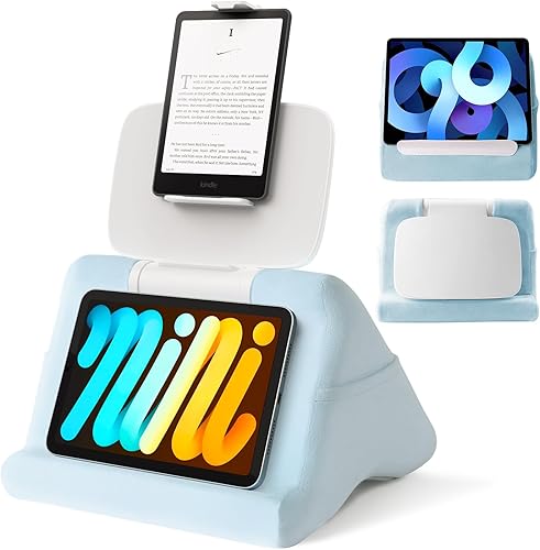 SAIJI Soporte de almohada para tablet iPad mini soporte para Kindle para regazo en la cama, con elevador y clip multifunción ajustable en ángulo Azul