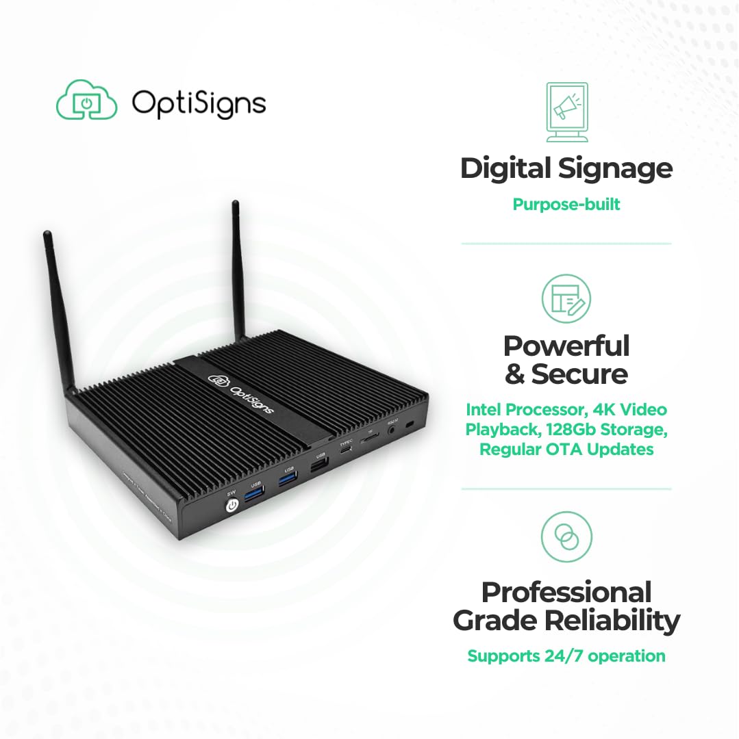 OptiSigns Pro Digital Signage Player con Intel Pentium Quad-Core, 4 GB de RAM, SSD de 128 GB, Wi-Fi 6, HDMI-CEC, 4K Ultra HD