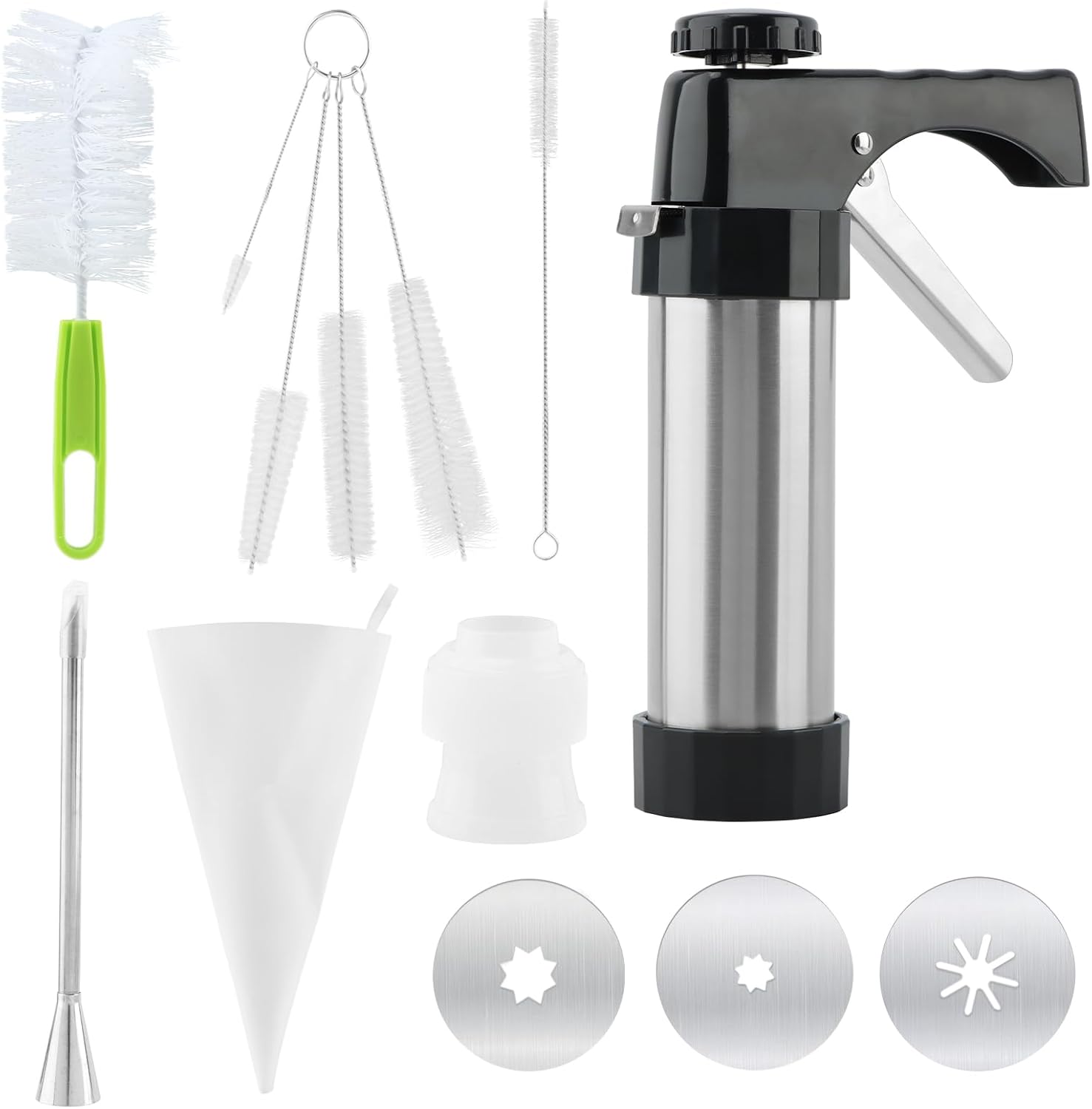 Chu rross Maker Machine Stainless Steel Hollow Chu rross Maker Kit Chu rross Makers Guns with Piping Bag and Cleaning Brushes,3 Nozzles (COLOR:silver)