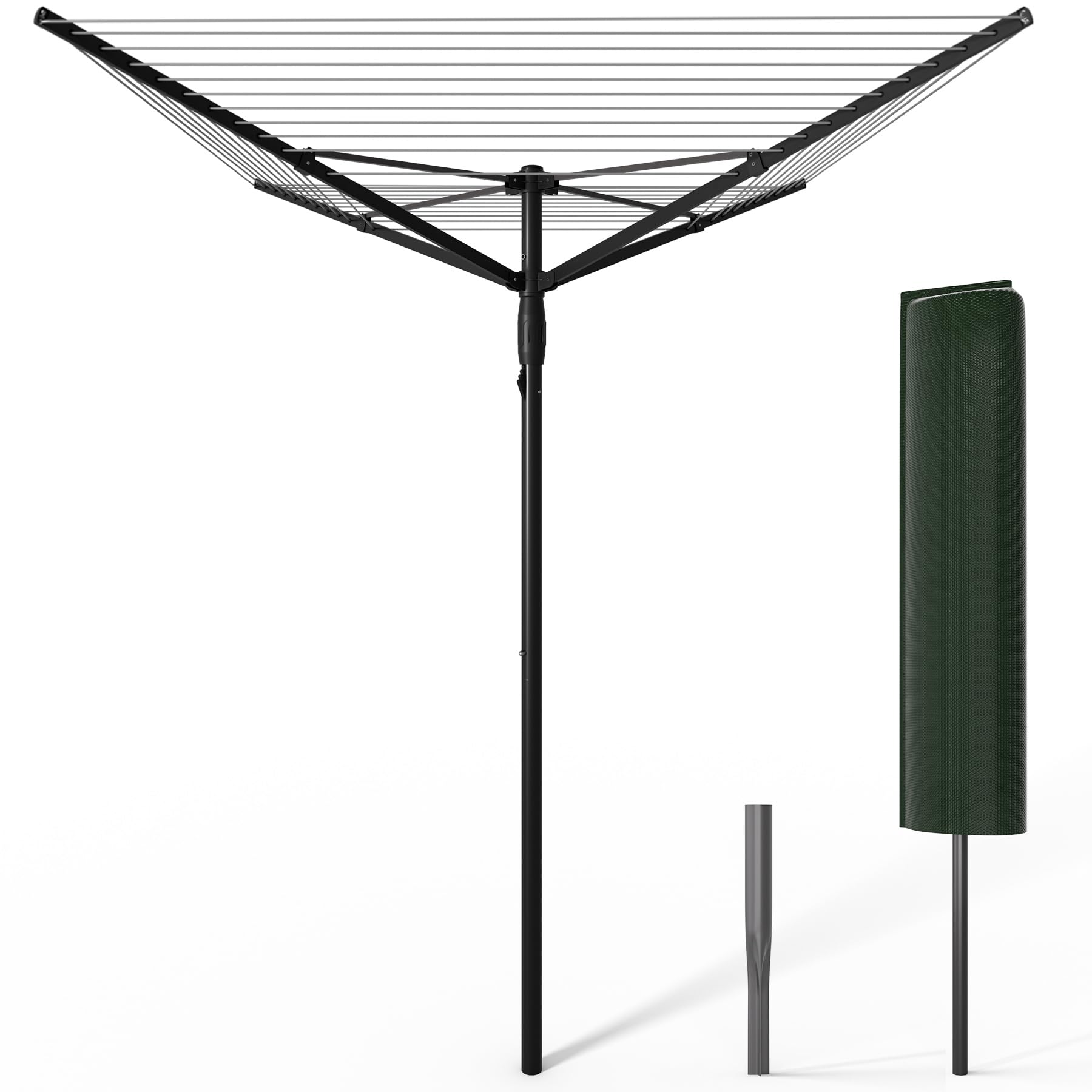 VOUNOT® 45m 4 Arm Rotary Washing Line with Cover & Metal Ground Spike, Heavy Duty Foldable Outdoor Clothes Airer, Whirligig Rotary Dryer for Garden, Black