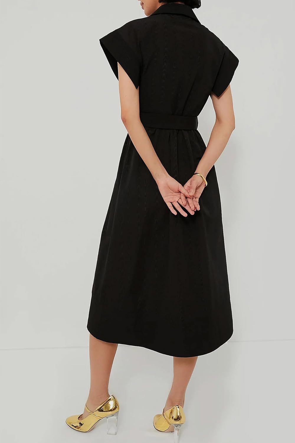 Womens Turn Down Collar Shirt Dress Short Wing Sleeve Button Down Dress Trench Coat Formal Elegant Dress with Belt - Image 4