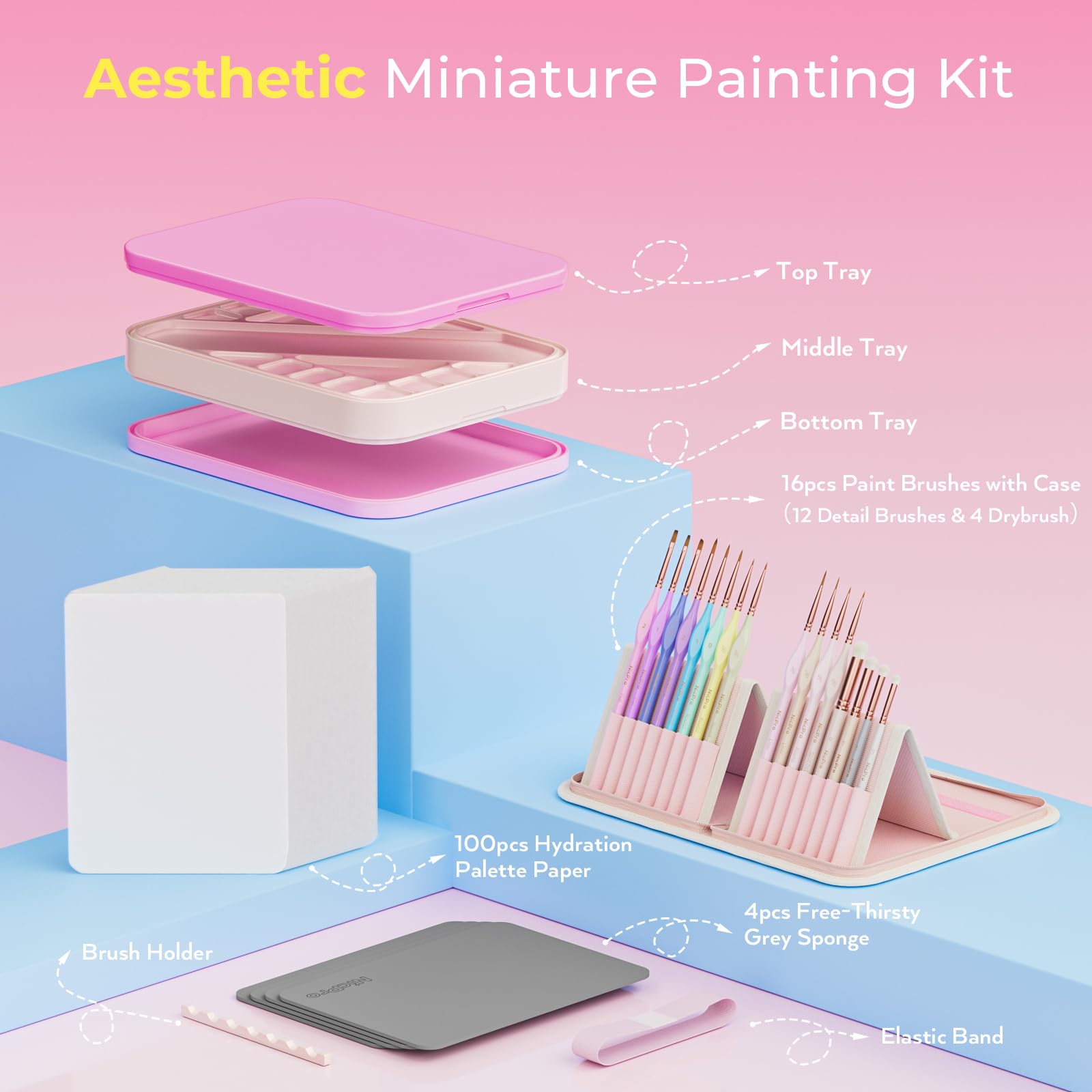Nicpro Kit de peinture miniature esthétique, palette humide et 16 pinceaux de peinture pastel avec sac en nylon, 100 feuilles de papier, 4 éponges, palette de peinture pour figurines Chibi Miniatures