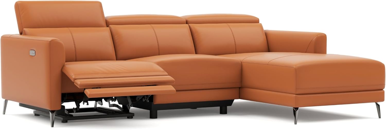 Valencia Andria Reclining Sectional Leather Sofa Right-Facing 99.5" | Italian Nappa 11000 Top-Grain Leather Reclining Sofa | Electric Power Recliner | Stainless Steel Leg, Cognac