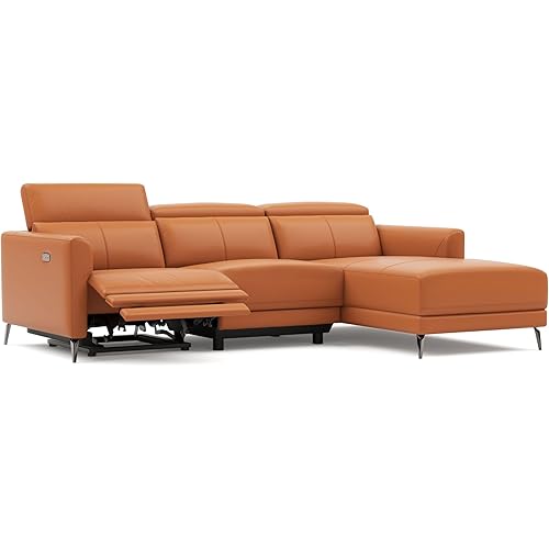 Valencia Andria Reclining Sectional Leather Sofa Right-Facing 99.5" | Italian Nappa 11000 Top-Grain Leather Reclining Sofa | Electric Power Recliner | Stainless Steel Leg, Cognac
