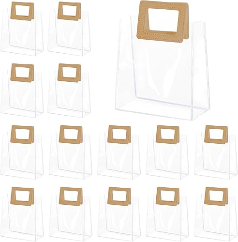 Yolyoo Paquete de 15 bolsas de regalo transparentes con asas blancas, bolsas de plástico de PVC transparentes para envolver regalos, bolsas de