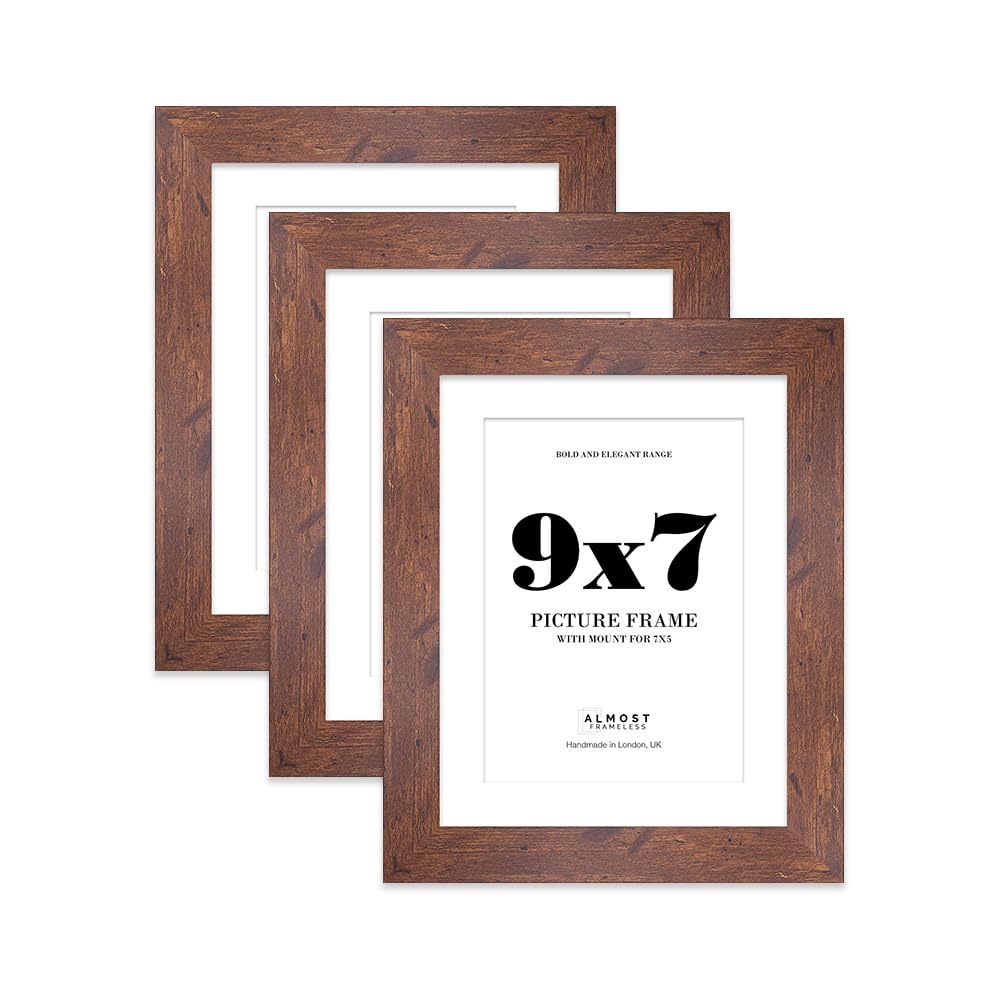 9x7 Rustic Wood Frame With Mount for 7x5 Pictures 28mm Edge Portrait and Landscape Display with Wall Hooks and Kickstand, 3 Pack