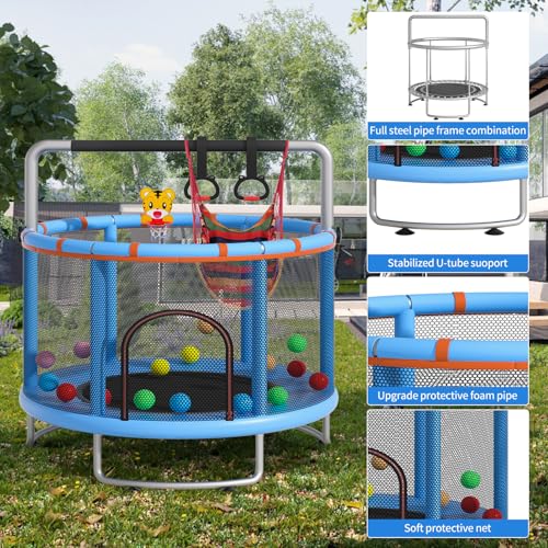 55" Small Trampoline for Kids, Telawah Indoor Outdoor with with Enclosure Net, Safety Enclosure, Round Jumping Mat with Basketball Hoops, Birthday Gifts for Children - Image 3