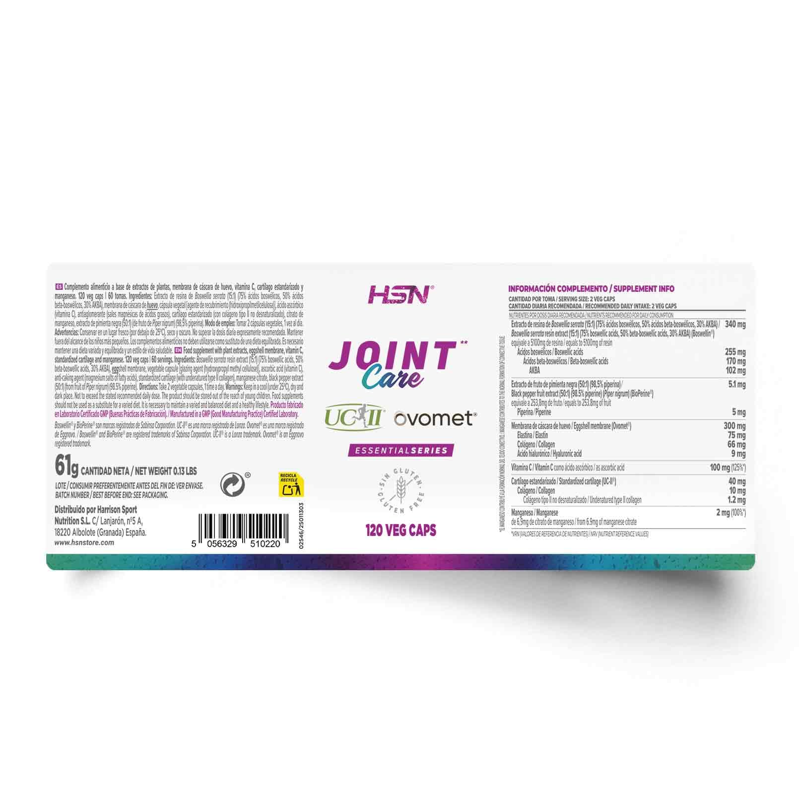 HSN Joint Care – Colágeno UC-II® – 120 Cápsulas Vegetales | Con Boswellin®, Ovomet®, BioPerine®, vitamina C y manganeso que contribuye a la formación normal del tejido conectivo