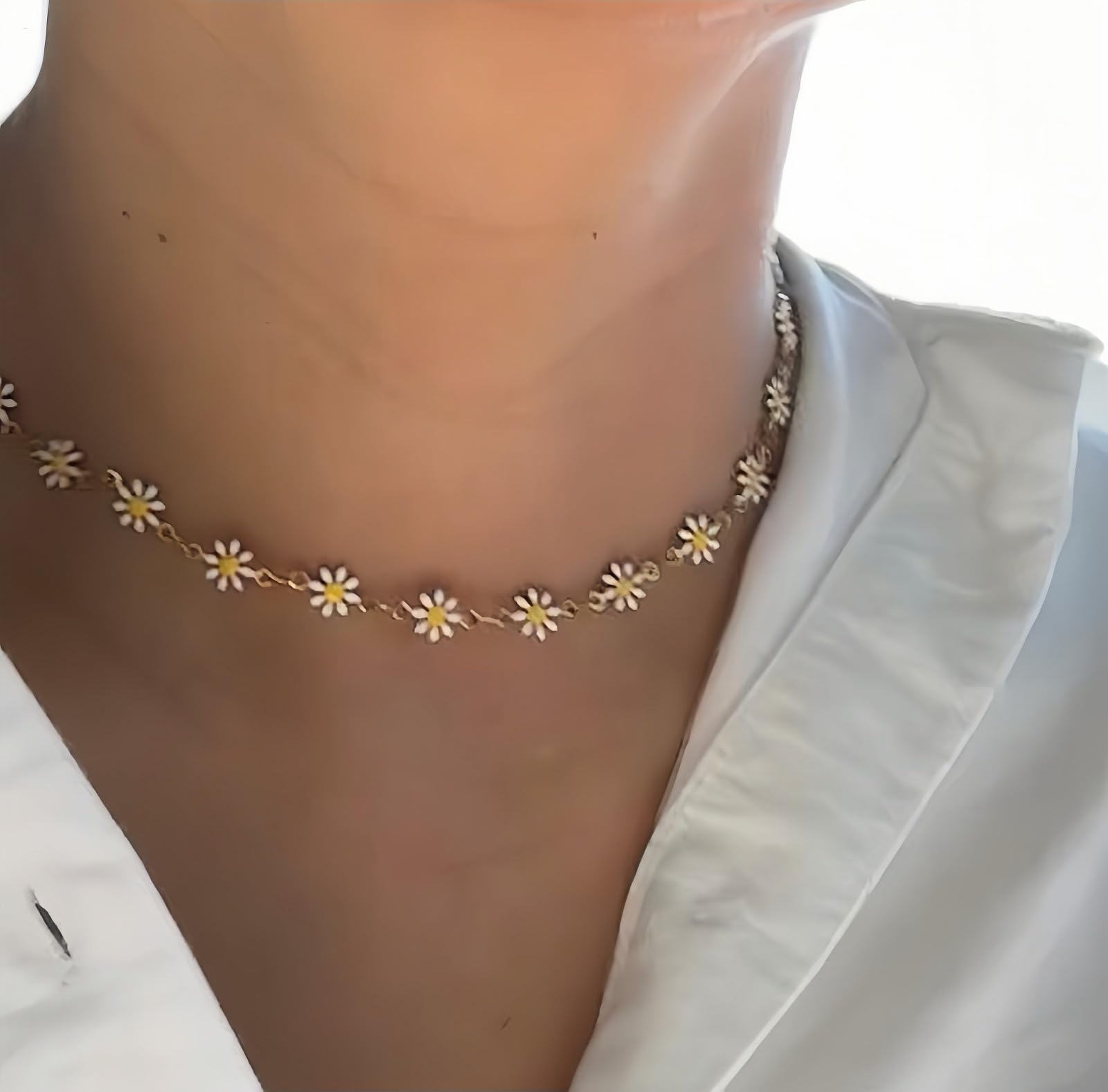 collar gargantilla con cadena de margaritas Acero inoxidable 316L collar corto con colgantes de flores esmaltadas Longitud aprox.35cm+5cm