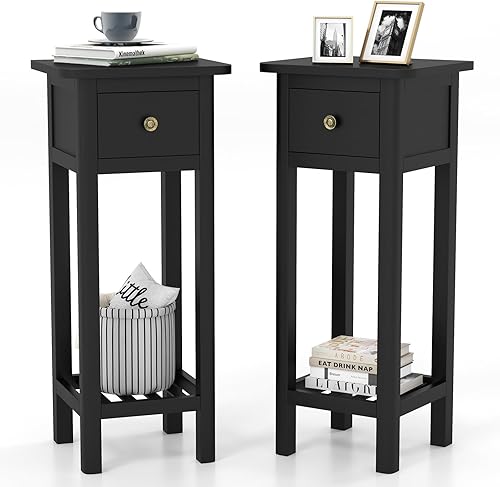 Tangkula Mesa auxiliar estrecha de 2 niveles con cajón, mesa auxiliar alta de madera de acacia para espacios pequeños, mesita de noche delgada de