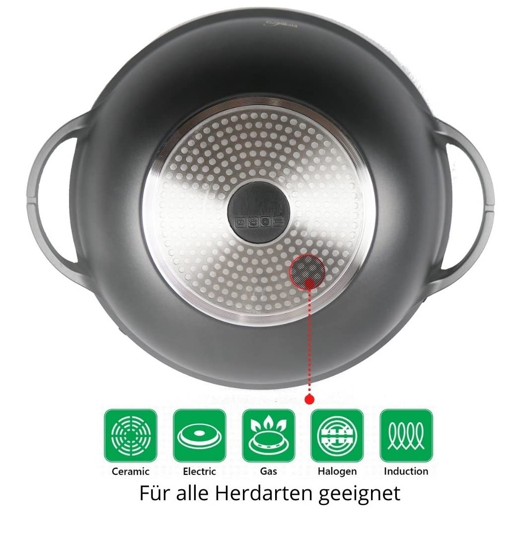 Cheffinger Wok Poêle Wok Woktopf Induction 36cm Fonte D'Aluminium avec Couvercle Poêle à Frire Marmorbeschichtung Silikongriffe