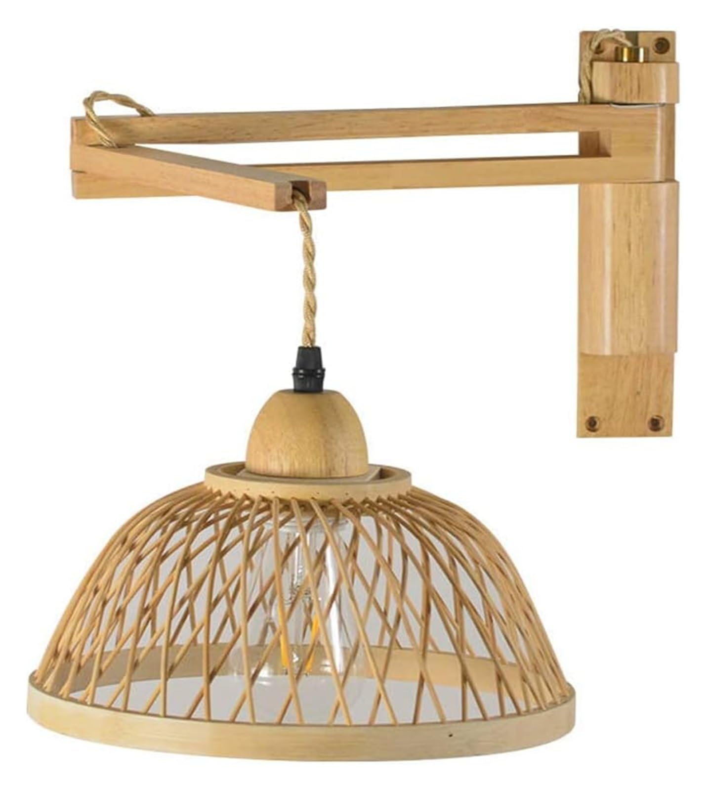 VGTLAKEX Wall Light Vintage Wood Wall Sconce Adjustable Mount Light Dome Bamboo Lamp Shade Swing Arm Farmhouse Lighting E27 Sconces