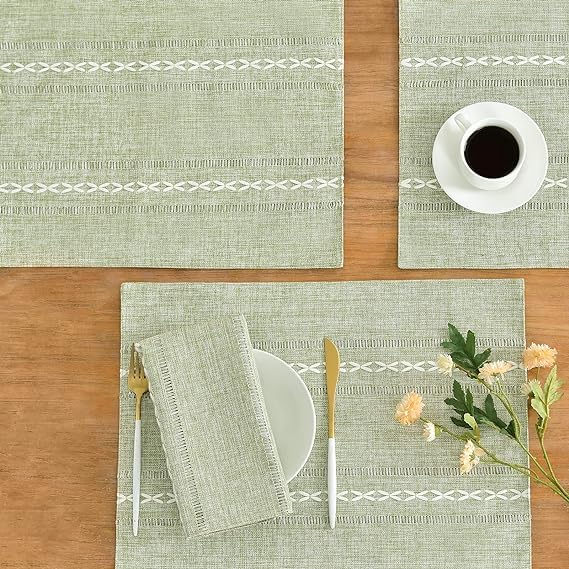 Wracra Cotton Linen Placemats, 12 x 18 Inch Set of 6 Placemats Rustic Hemstitch Place Mats for Kitchen Table and Heat Resistant-Hemstitch Sage Green