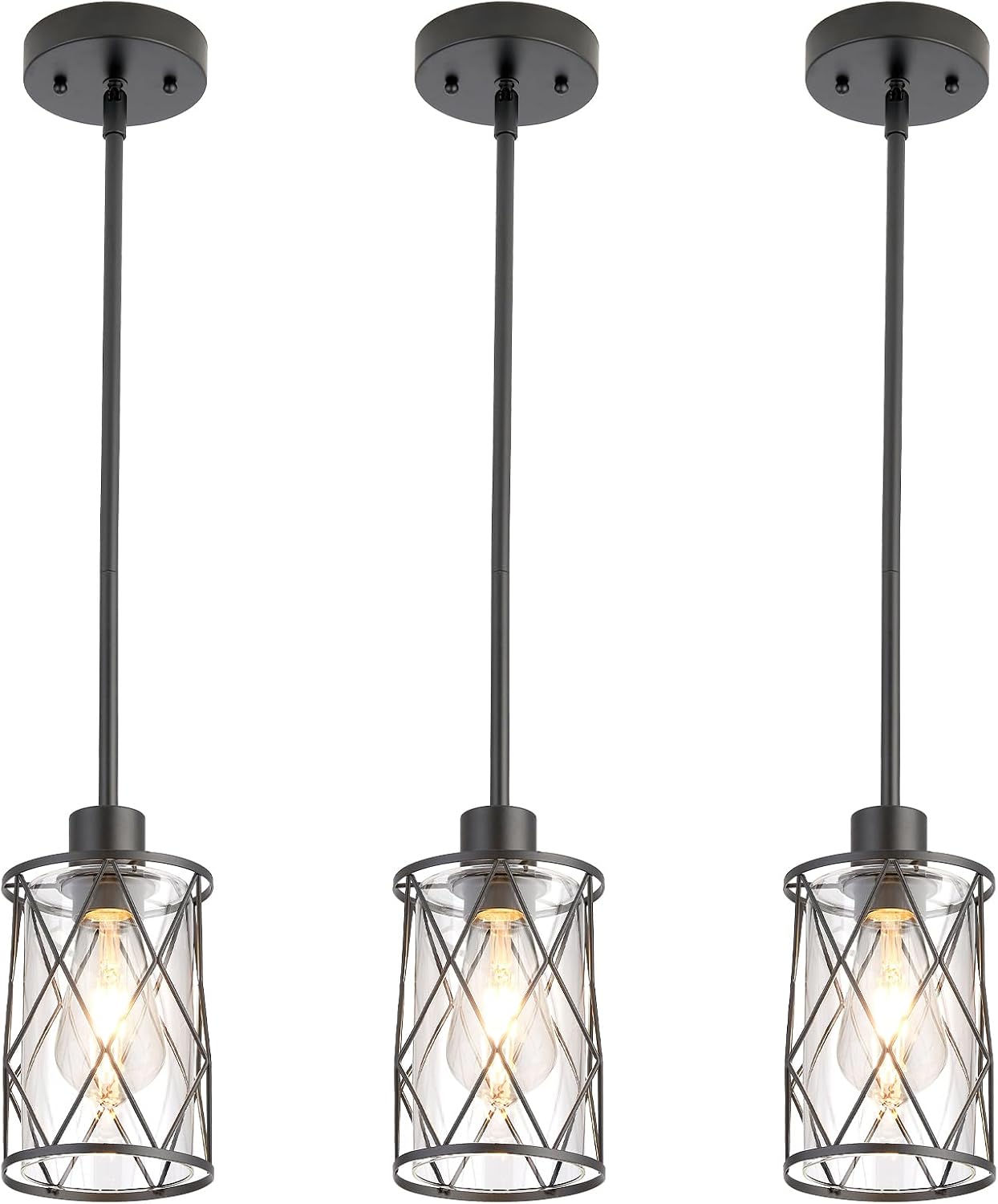 Refice Glass Pendant Lights Kitchen Island, Black Kitchen Hanging Light with Clear Glass, Farmhouse Cage Mini Pendant Lighting for Sink Dining Room Bedroom Bar, 3 Pack