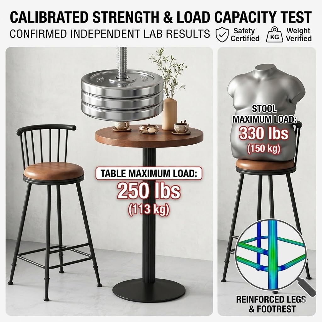 Ensemble Table De Bar Et Tabourets Style Industriel (3 PièCes) – avec 2 Ronds en Similicuir, Plateau Bois Massif PièTement MéTallique Robuste IdéAl pour îLot Cuisine, Maison Ou Bistro