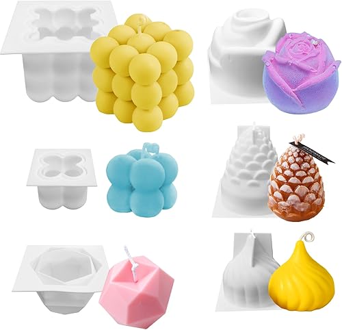 Paquete de 6 moldes de vela de silicona, molde para hacer velas de cera en forma de cubo de burbujas 3D, cubo de diamante, cebolla rosa, piña, molde