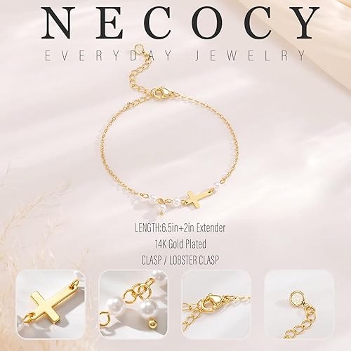 Miniatura 5 de NECOCY Gold Bracelets for Women, Dainty Silver14K Gold Plated Cross Bracelet Stack Pearl Bead Knot Cross Chain Bracelet Trendy Religious Christian