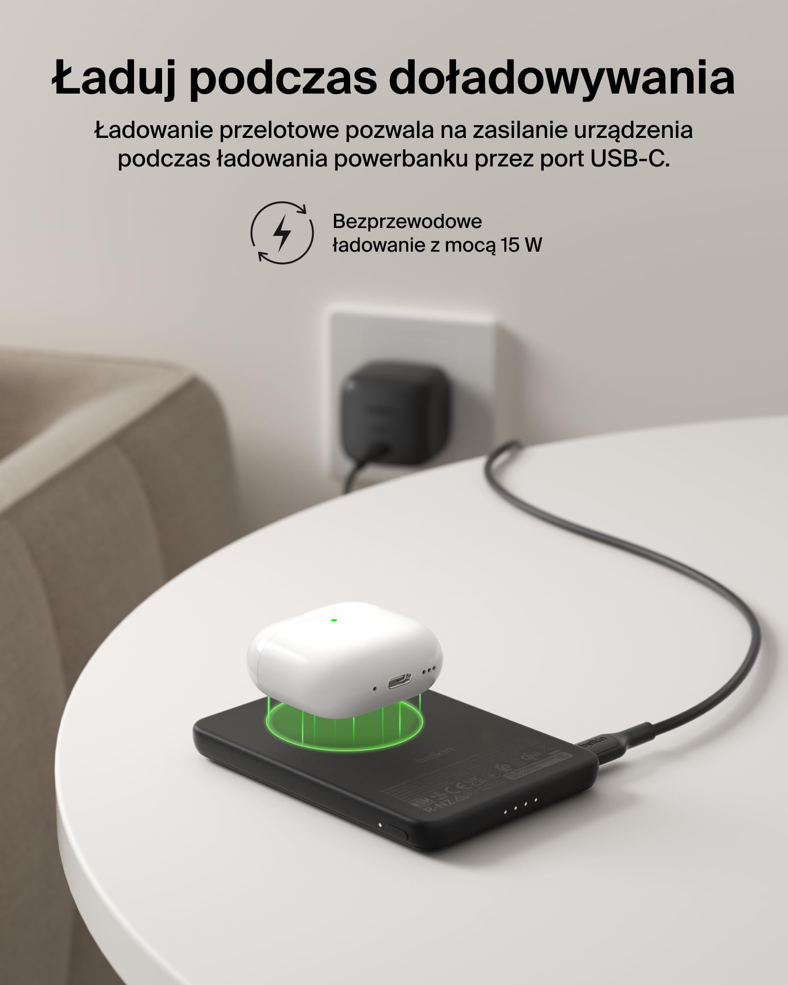 Belkin BoostCharge Magnetyczny Powerbank 5000mAh, Certyfikat Qi2, z Pierścieniem Magnetycznym i Portem USB-C, Smukła Ładowarka 15W do Urządzeń iPhone, Galaxy, Pixel – z Kablem USB-C – Czarny
