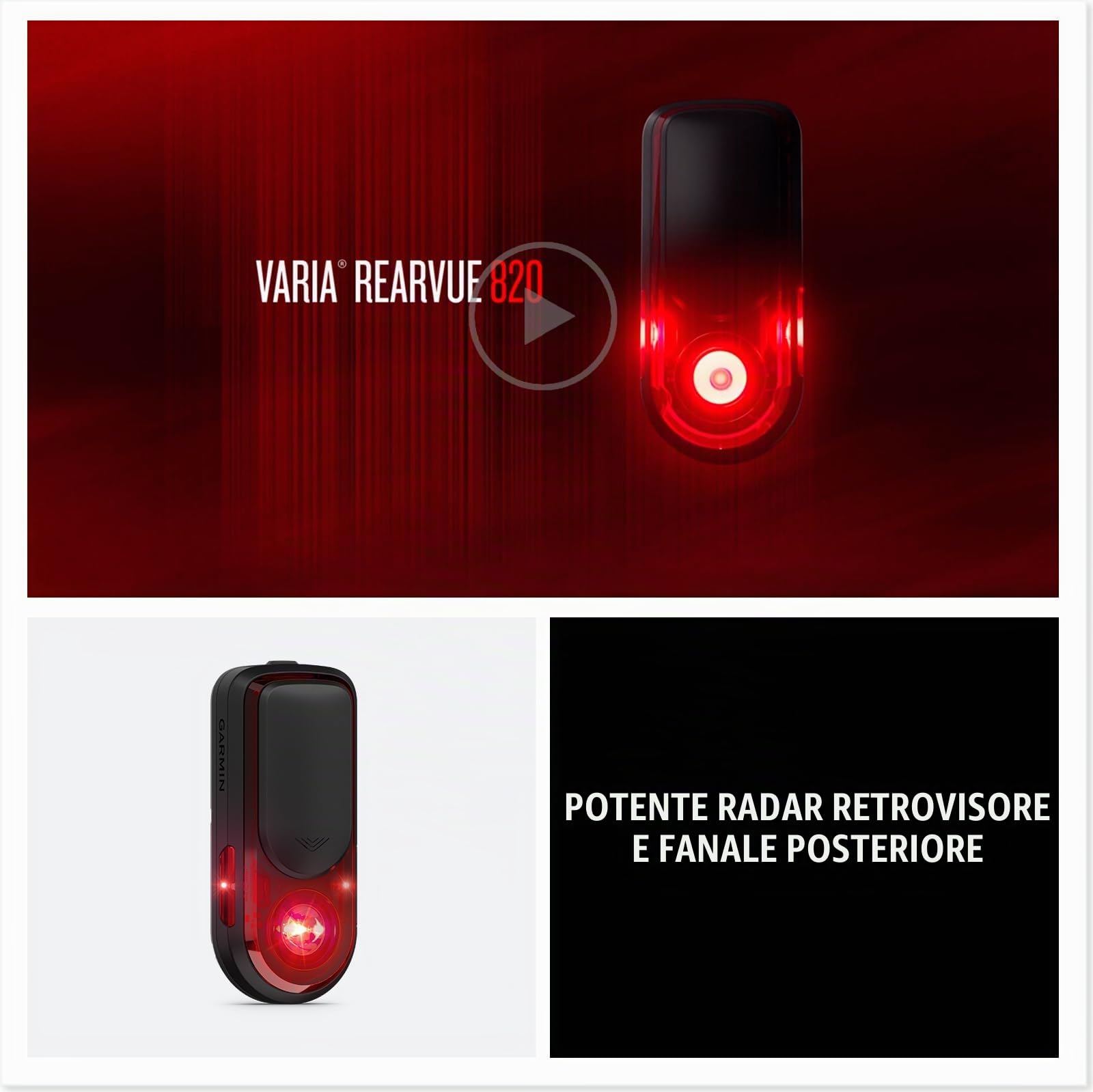 GARMIN Varia RearVue 820 - Radar retrovisore avanzato e fanale posteriore | Fino a 24 ore di durata della batteria e fanale posteriore luminoso visibile fino a 2 km | Traccia veicoli fino a 175 metri