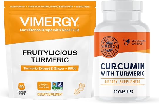 Vimergy NutriDense Fruitylicious Turmeric + Ginger Chewables 60 Count & Curcumin with Turmeric Supplement 90 Caps